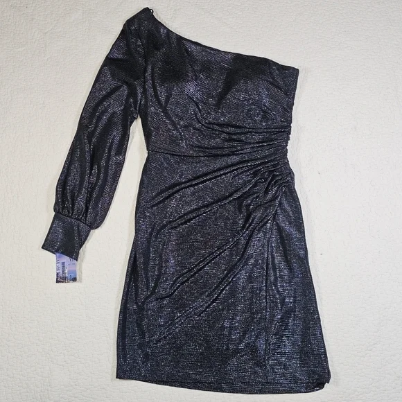 NWT NIGHTWAY Womens Navy Shimmer Long Sleeve Asymmetrical Neckline Dress - Picture 4 of 10